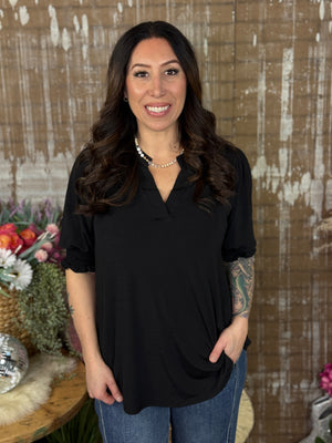 The Solid Wrinkle Free Ruched 3/4 Sleeve Lizzie Top - Black (Small - 3X)