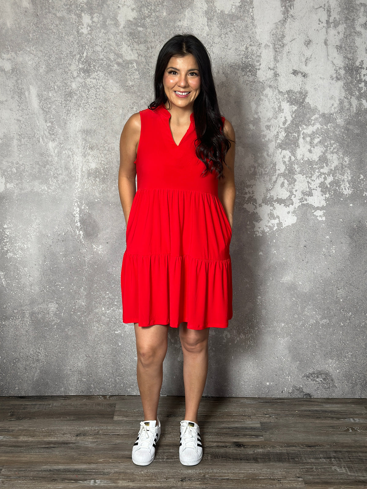 Lizzie Wrinkle Free Tiered Ruffle Dress - Red (Small - 3X)