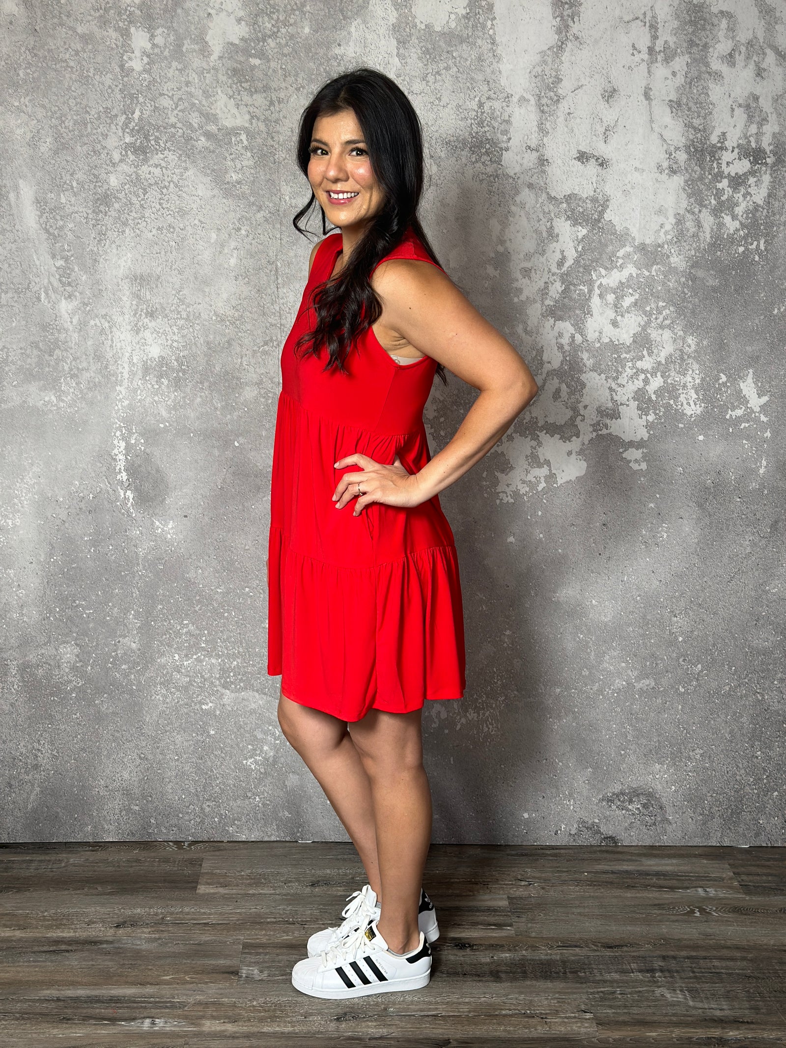 Lizzie Wrinkle Free Tiered Ruffle Dress - Red (Small - 3X)