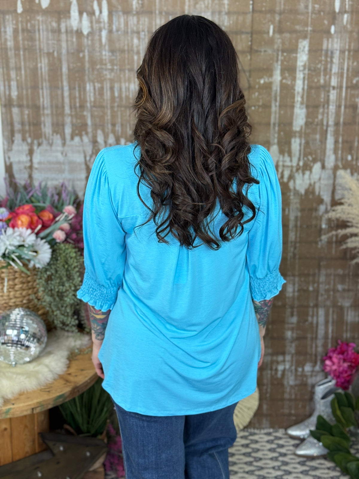 The Solid Wrinkle Free Ruched 3/4 Sleeve Lizzie Top - Blue (Small - 3X)