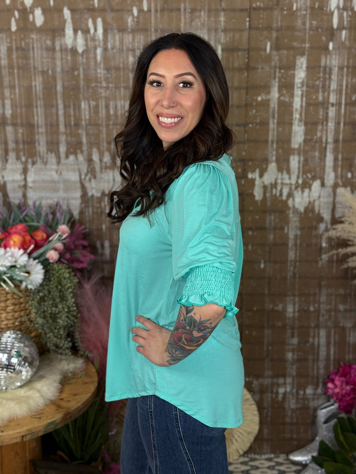 The Solid Wrinkle Free Ruched 3/4 Sleeve Lizzie Top - Mint (Small - 3X)