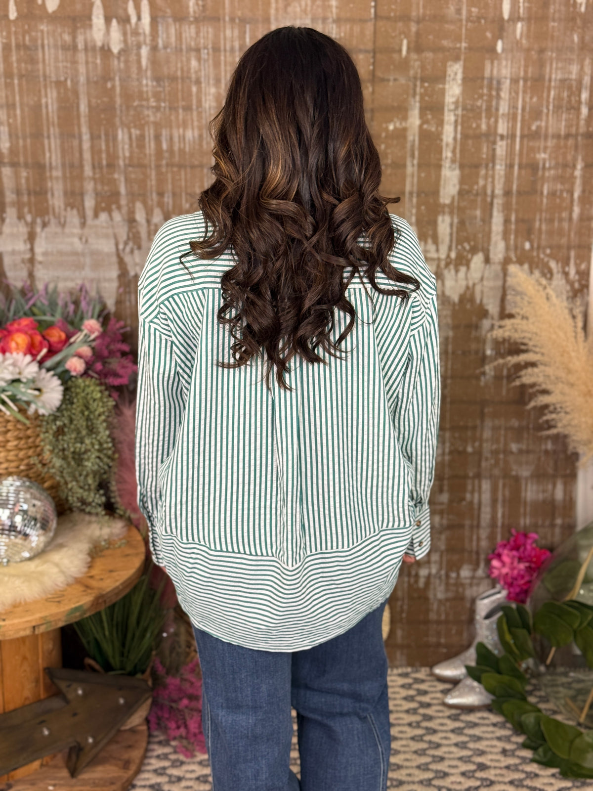 Ivory Green Stripe Blouse (Small - 2X)