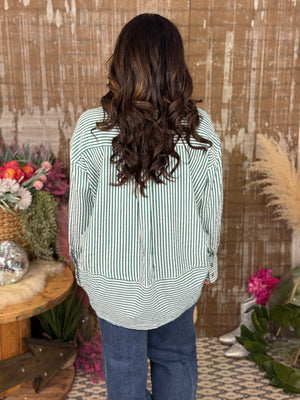 Ivory Green Stripe Blouse (Small - 2X)