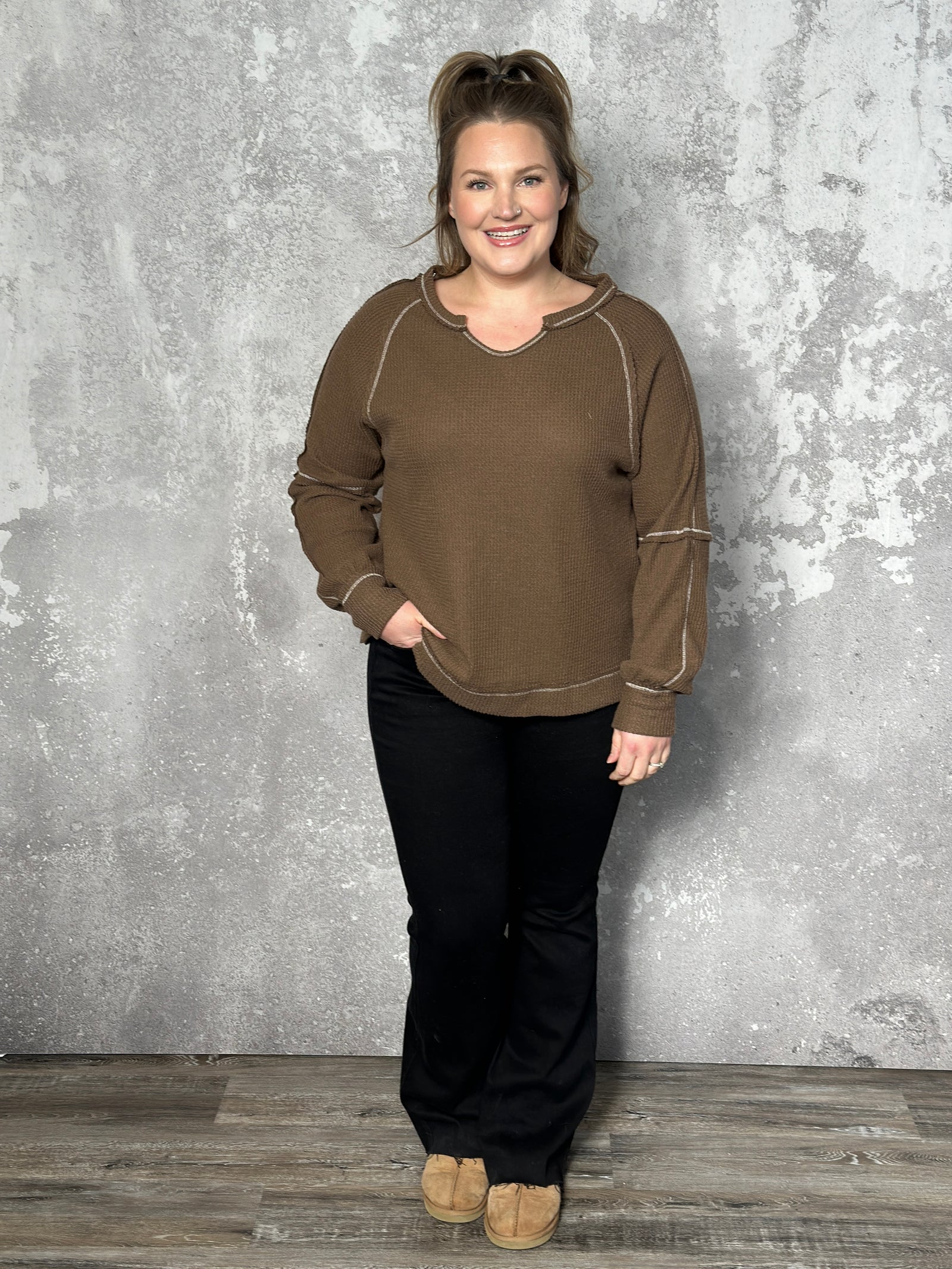 Waffle Hem Long Sleeve - Brown (Small - 3X) - FINAL SALE