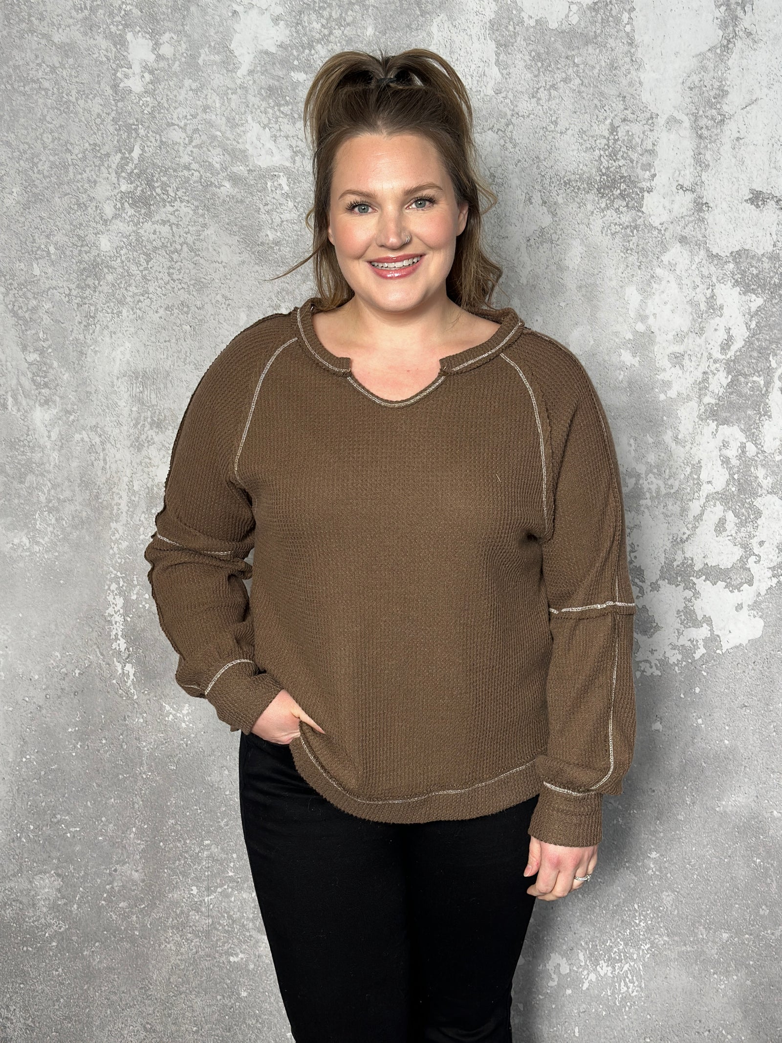 Waffle Hem Long Sleeve - Brown (Small - 3X) - FINAL SALE