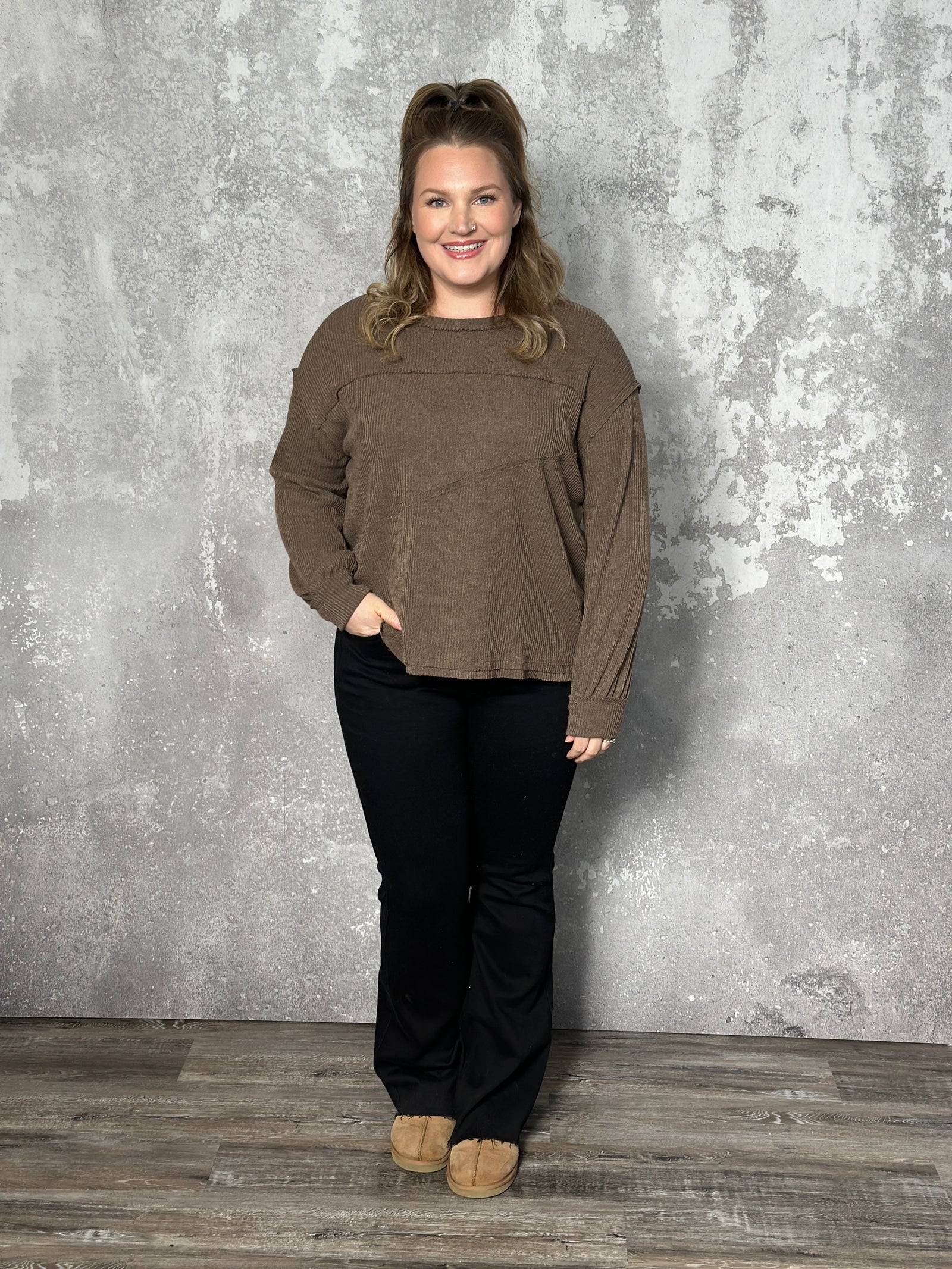 Ribbed Asymetrical Seam Long Sleeve Top - Brown (Small - 3X) - FINAL SALE