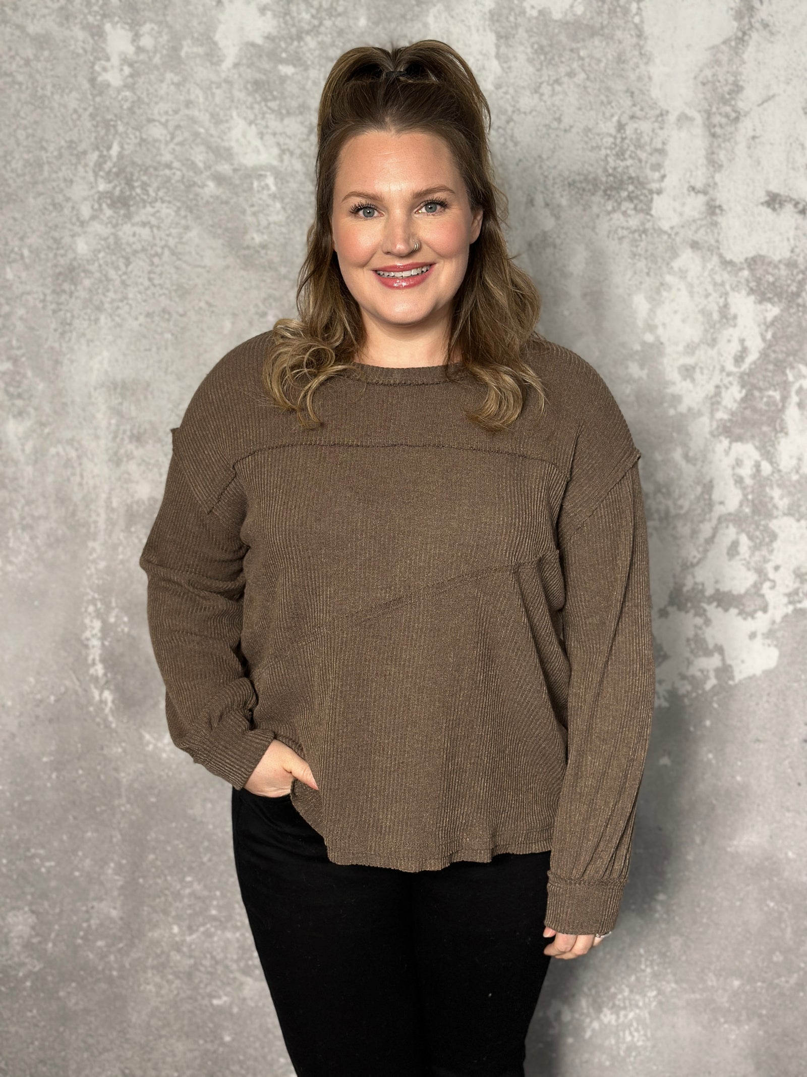 Ribbed Asymetrical Seam Long Sleeve Top - Brown (Small - 3X) - FINAL SALE