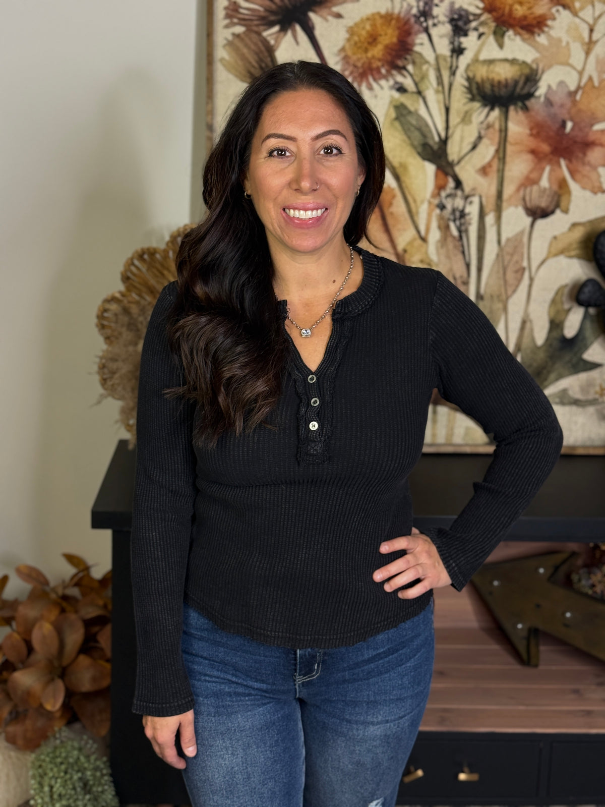 The Waffle Henley Top - Black