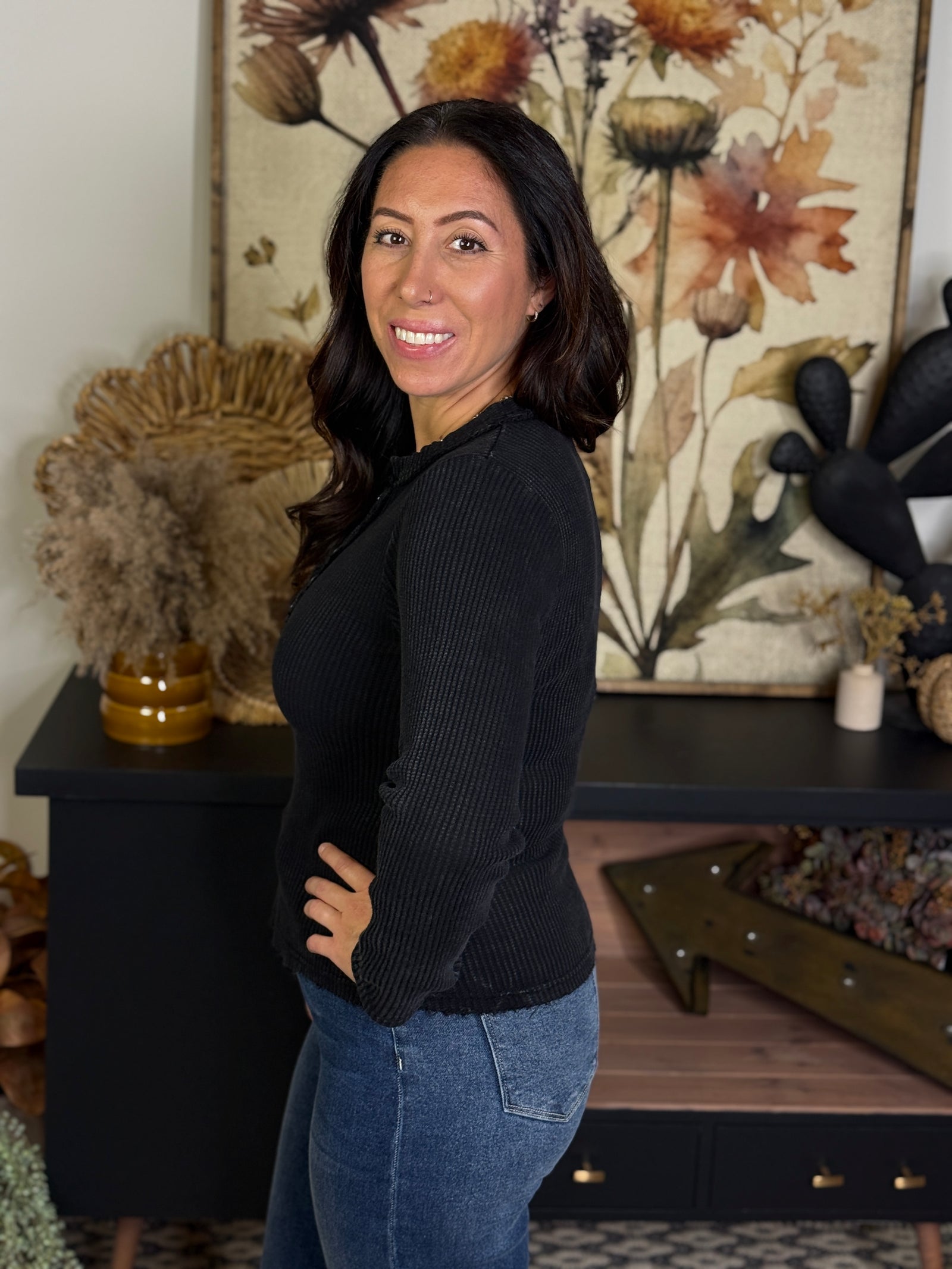 The Waffle Henley Top - Black