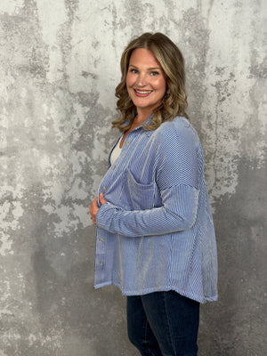 Ribbed lightweight button up Top - Blue