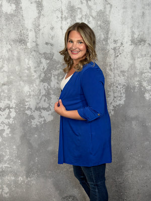 The Wrinkle Free Button Detail Cardigan - Blue (3X LEFT)