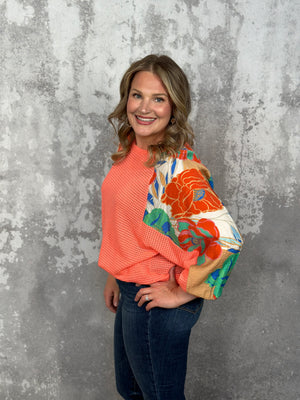 Dolman Waffle Neon Coral Top with Floral Sleeve Accent (3X LEFT)