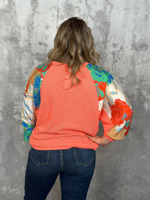 Dolman Waffle Neon Coral Top with Floral Sleeve Accent (3X LEFT)