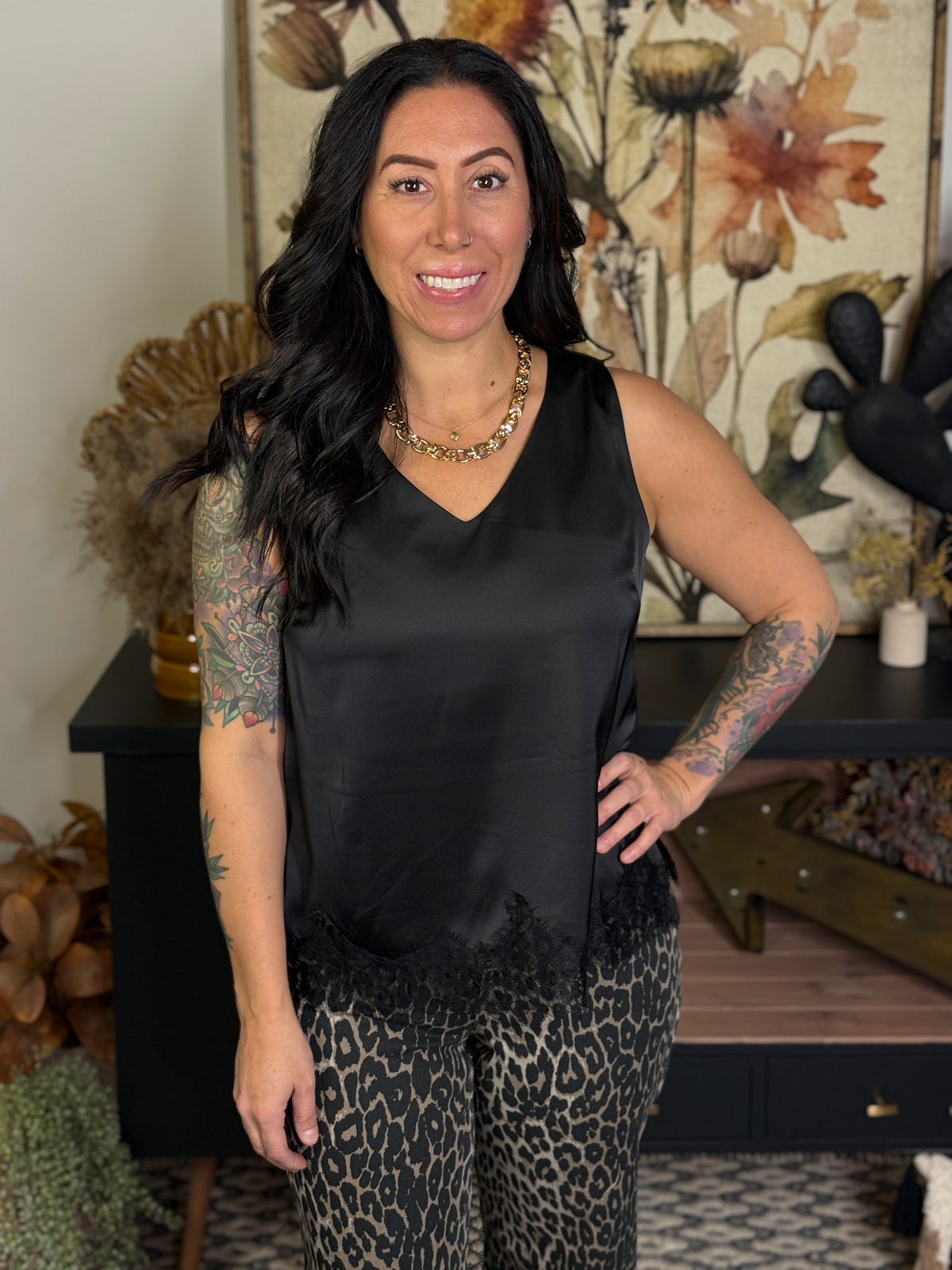 Satin Lace Trim Tank  - Black (Small - 3X)