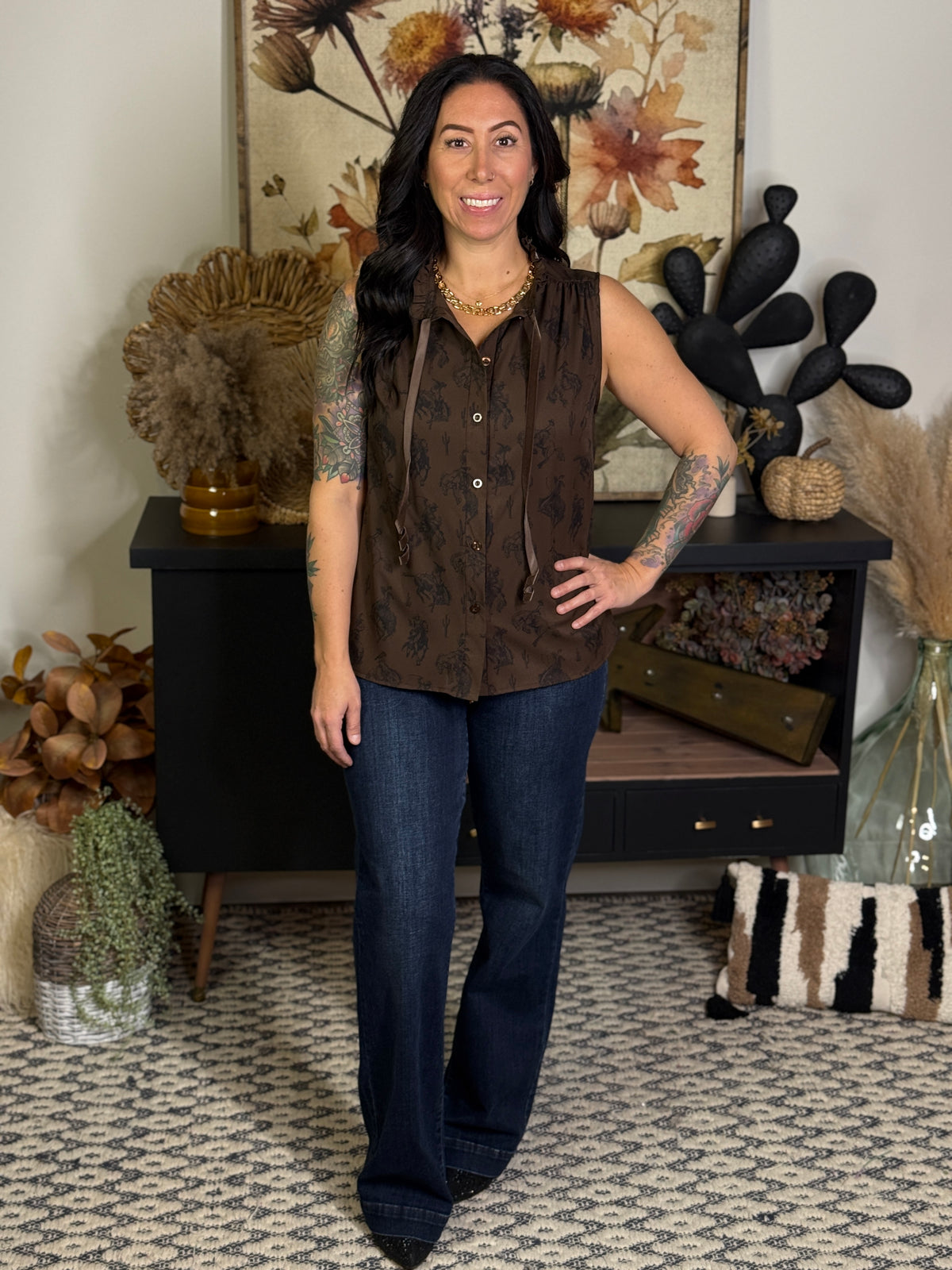 Brown Western Ruffle Tank
