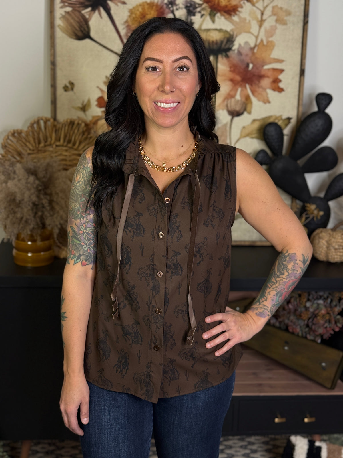 Brown Western Ruffle Tank
