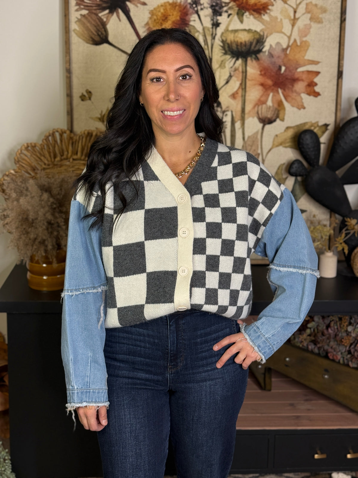 Grey Checker Denim Sleeve Sweater