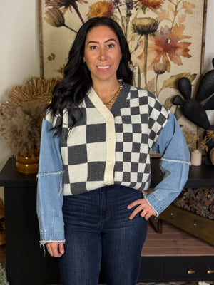 Grey Checker Denim Sleeve Sweater