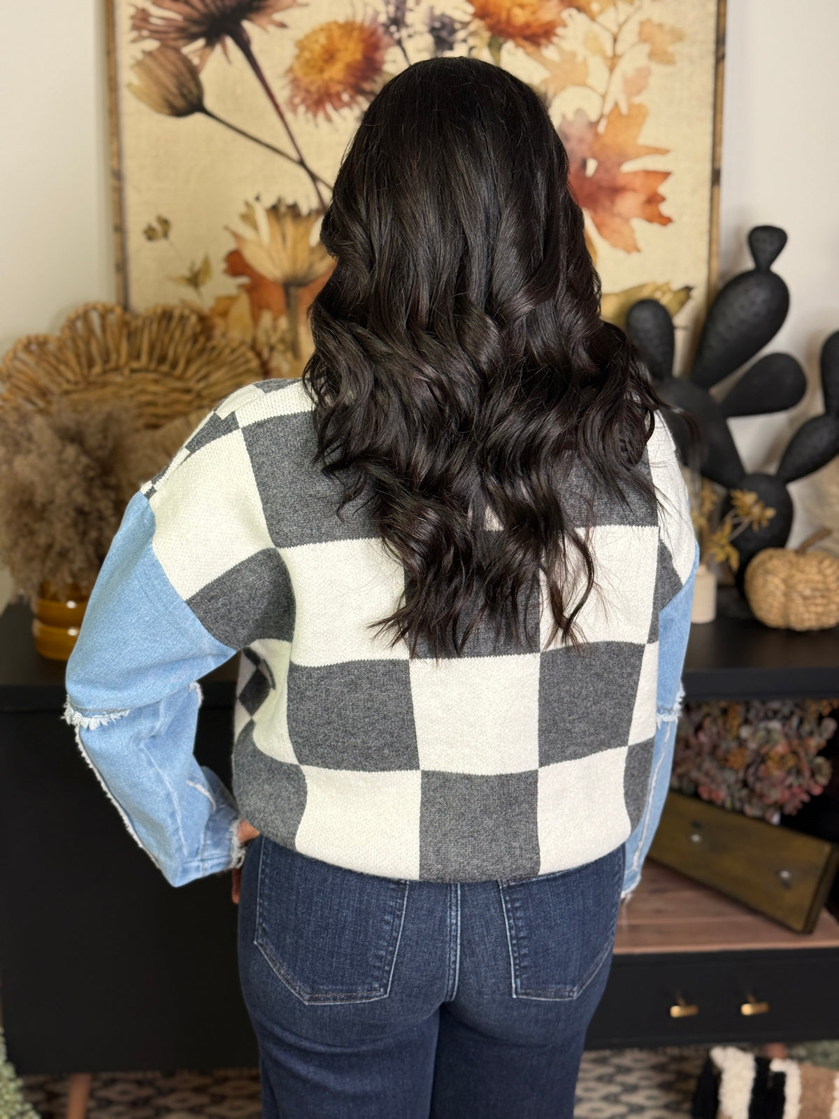 Grey Checker Denim Sleeve Sweater