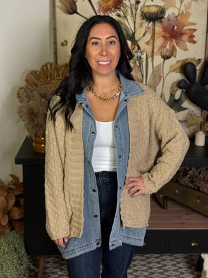 Sweater Cardigan with Denim Collar and Trim