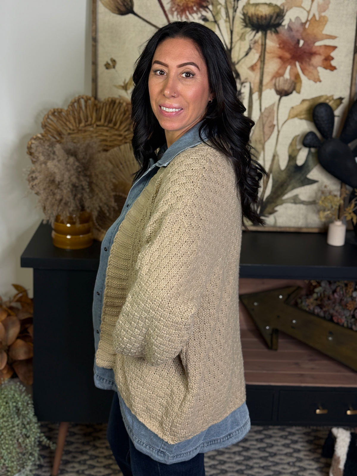 Sweater Cardigan with Denim Collar and Trim