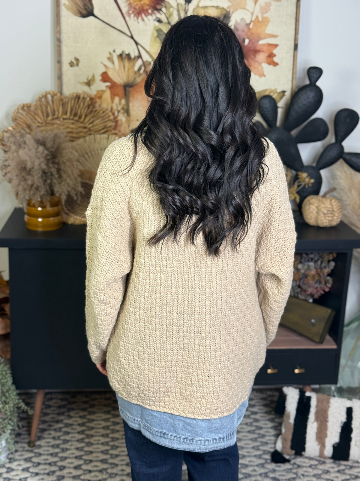 Sweater Cardigan with Denim Collar and Trim