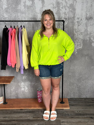 Lightweight Waffle Bomber Sweatshirt with Hood - Neon Green - FINAL SALE