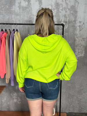 Lightweight Waffle Bomber Sweatshirt with Hood - Neon Green - FINAL SALE