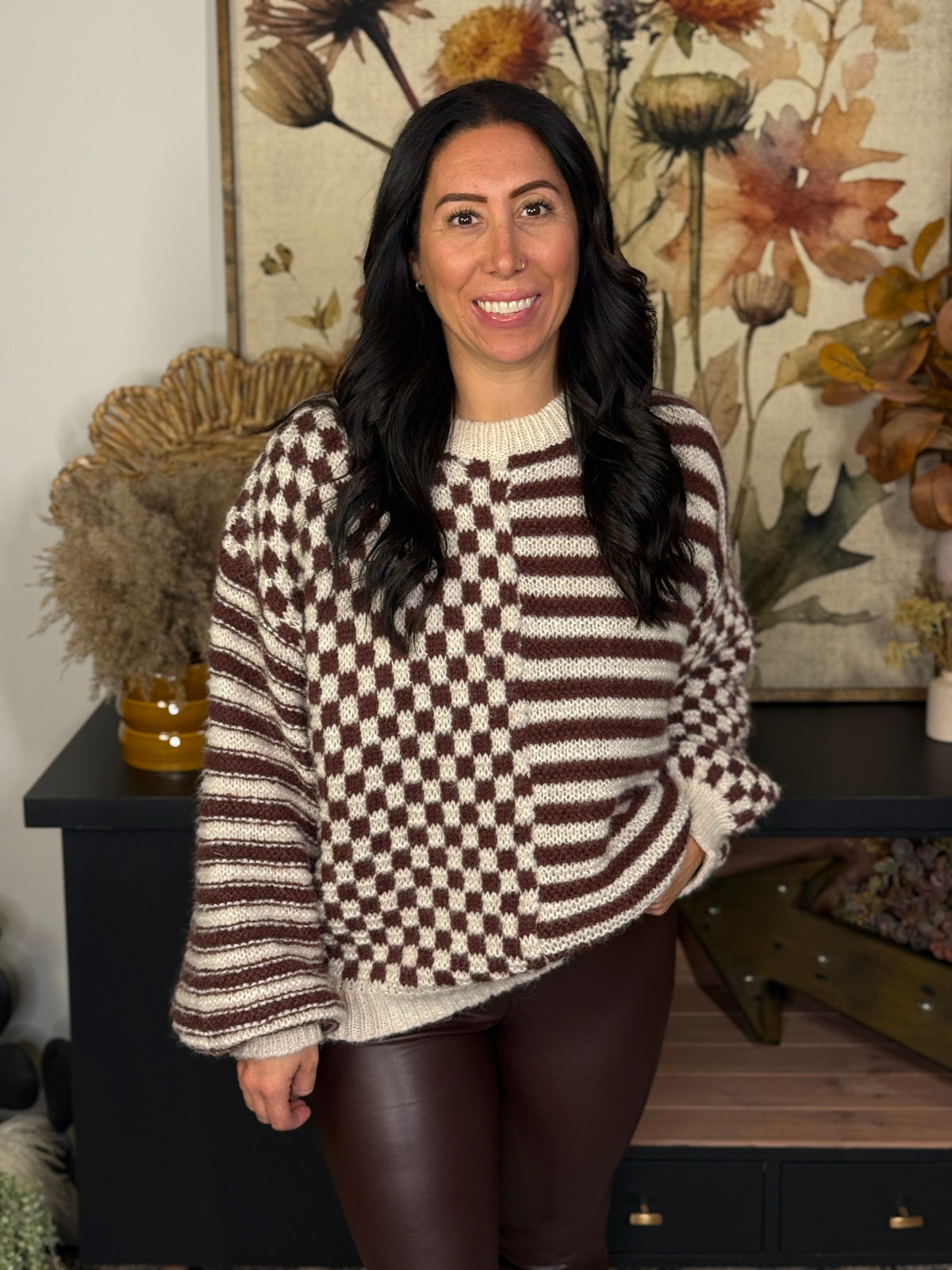 Checker/Stripe Brown/Ivory Sweater (Small - 1X)