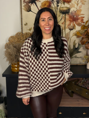 Checker/Stripe Brown/Ivory Sweater (Small - 1X)