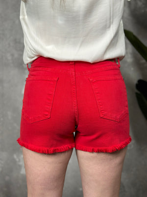 Garment Dyed Fray Hem Shorts - Red (S - 3X)