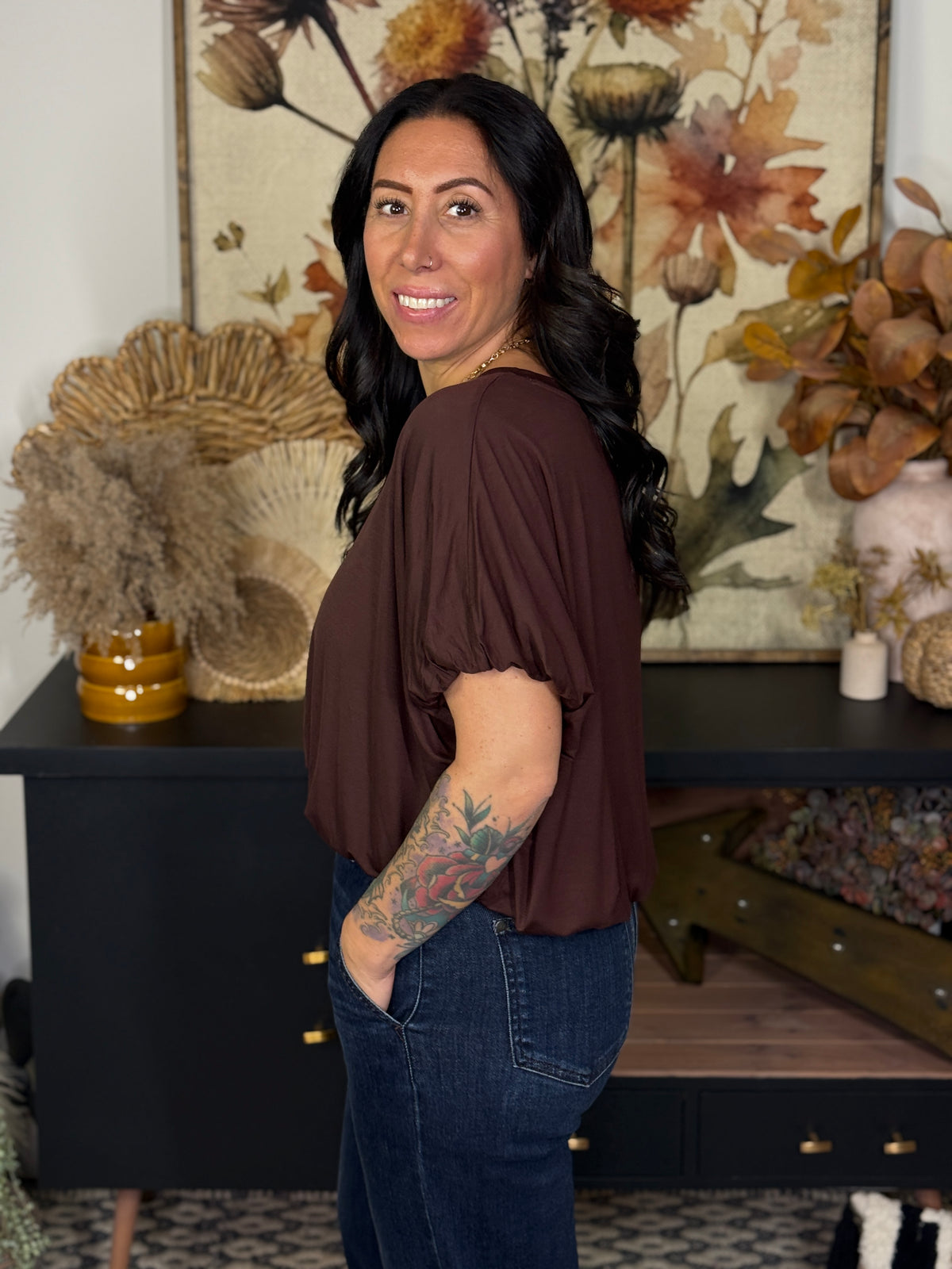 Bamboo Bubble Hem Top - Brown