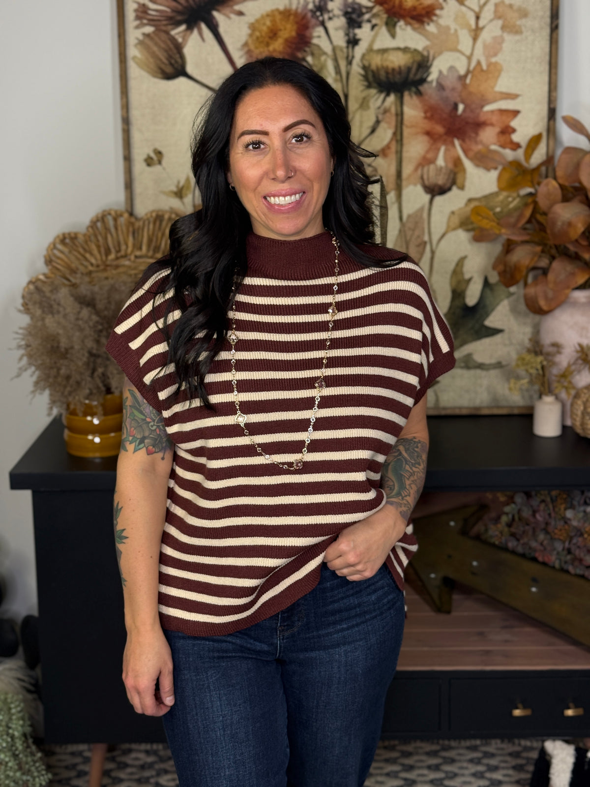 Brown Stripe Drop Shoulder Sweater