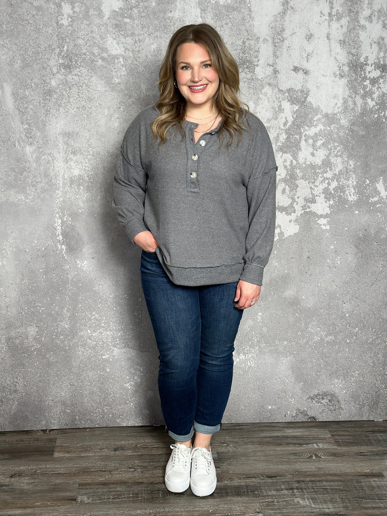 Long Sleeve Ribbed Button Detail Top - Grey (Small - 3X) - FINAL SALE