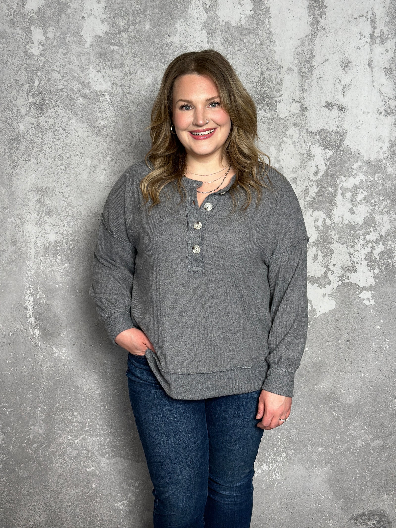 Long Sleeve Ribbed Button Detail Top - Grey (Small - 3X) - FINAL SALE