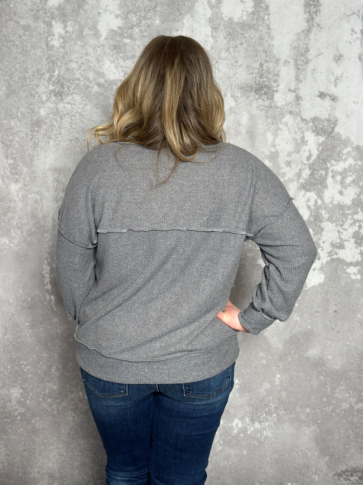 Long Sleeve Ribbed Button Detail Top - Grey (Small - 3X)
