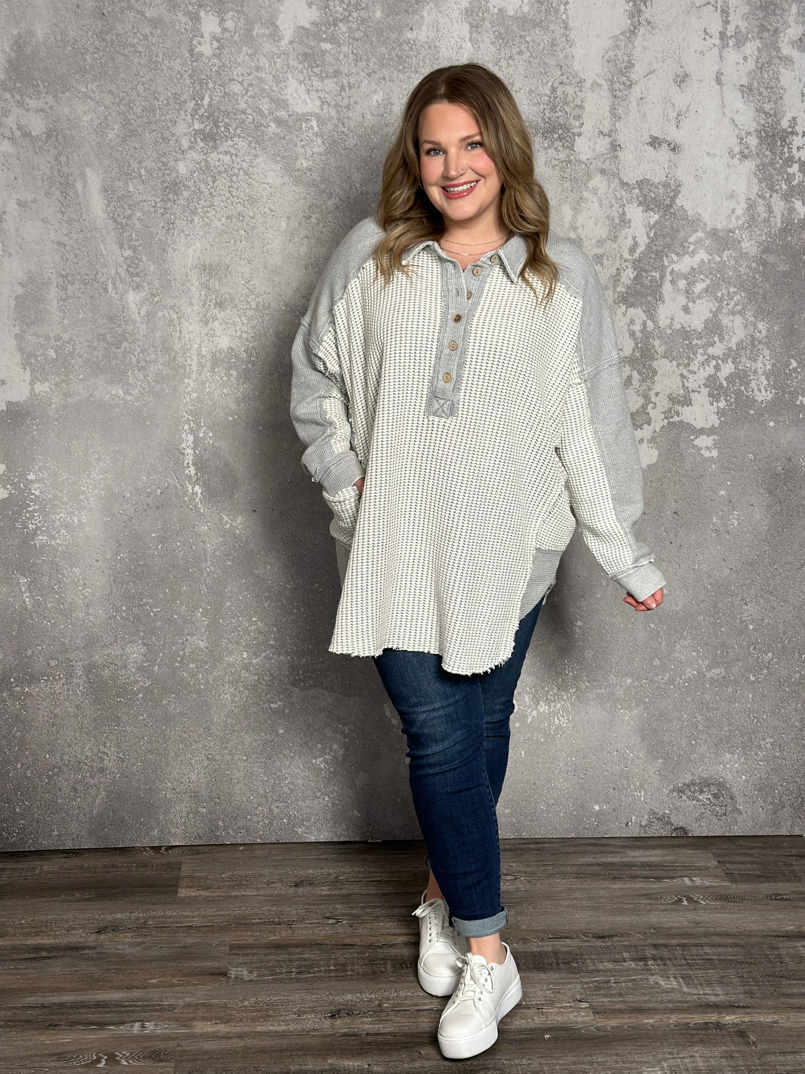 White/Grey Oversized Textured Collared Tunic Top - FINAL SALE