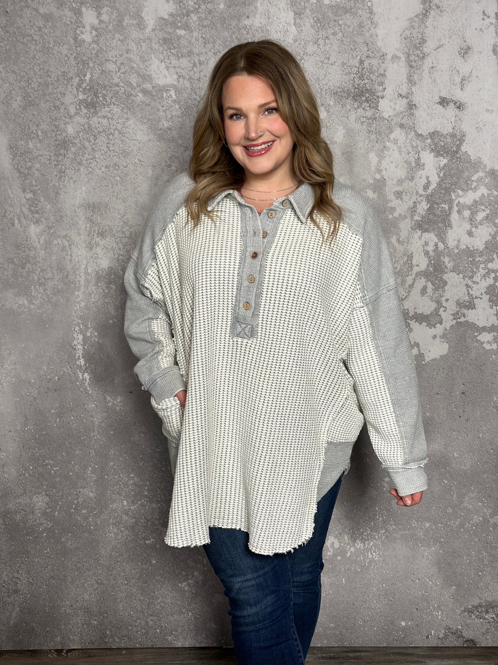 White/Grey Oversized Textured Collared Tunic Top - FINAL SALE