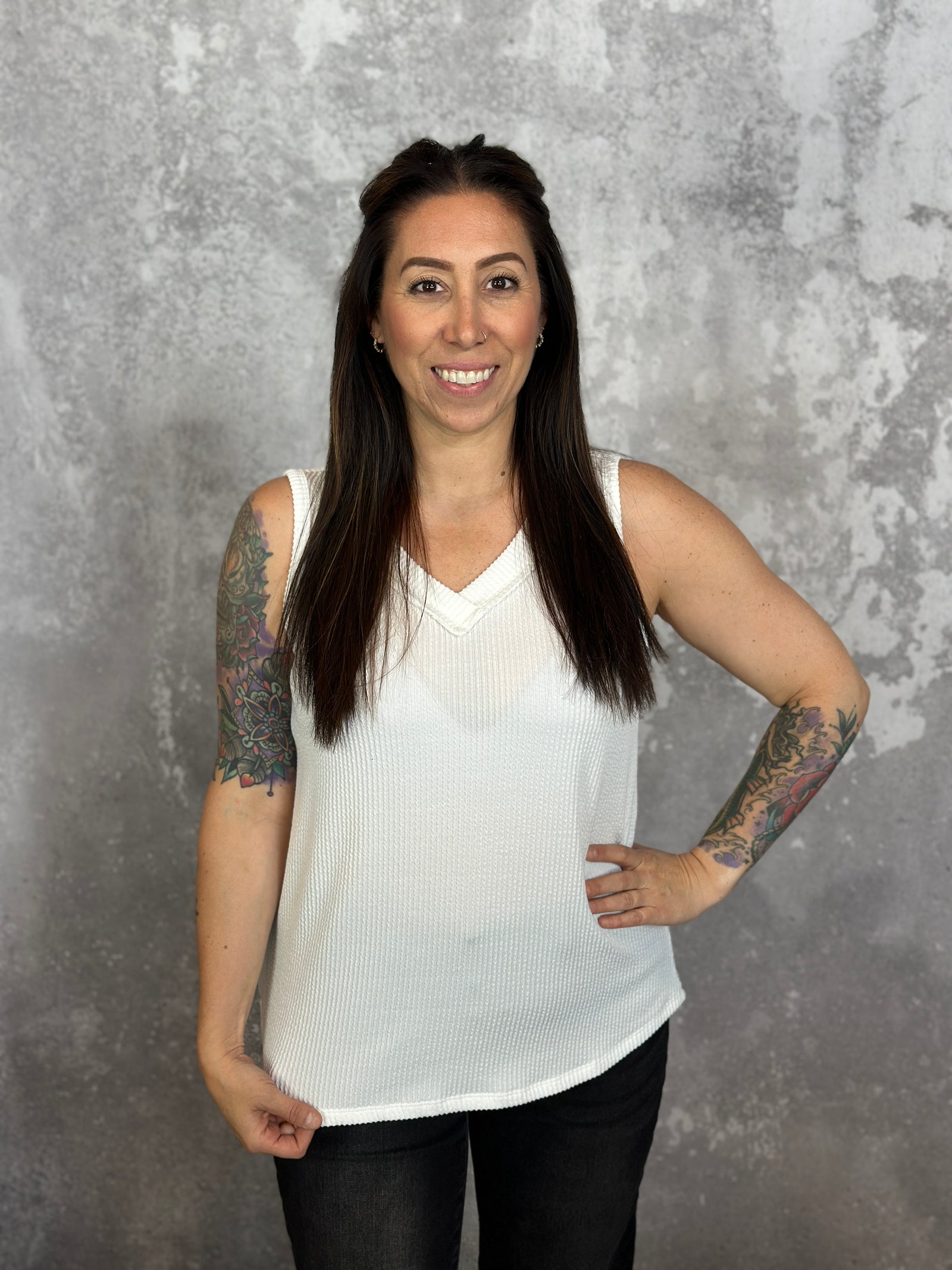 Ribbed Vneck Tank - White