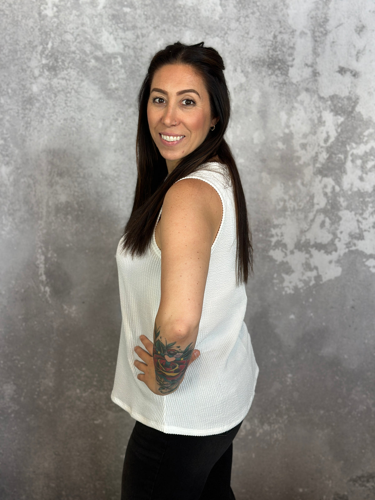 Ribbed Vneck Tank - White