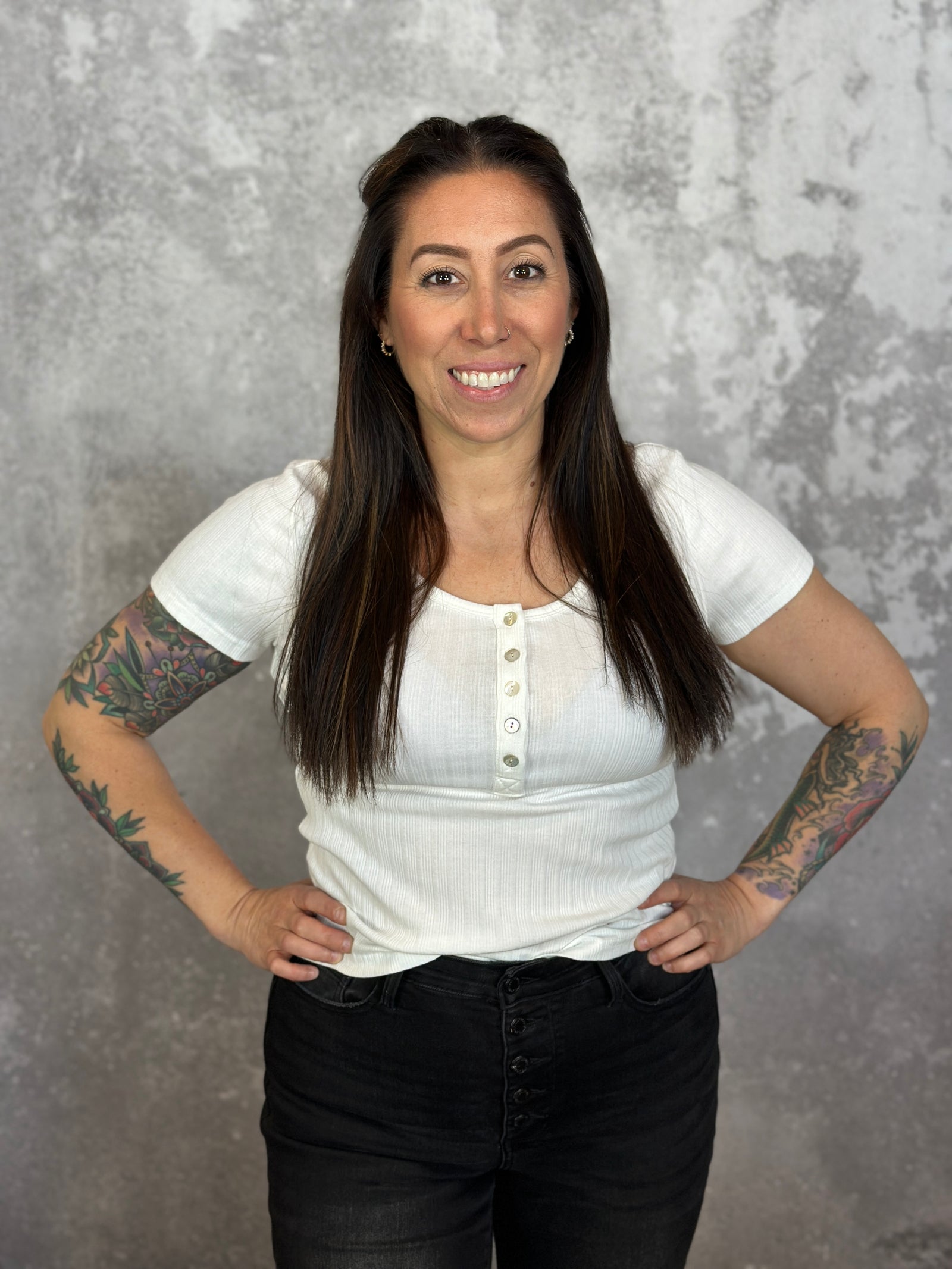 Ribbed Short Sleeve Button Detail Tee - White (Small - 2X)