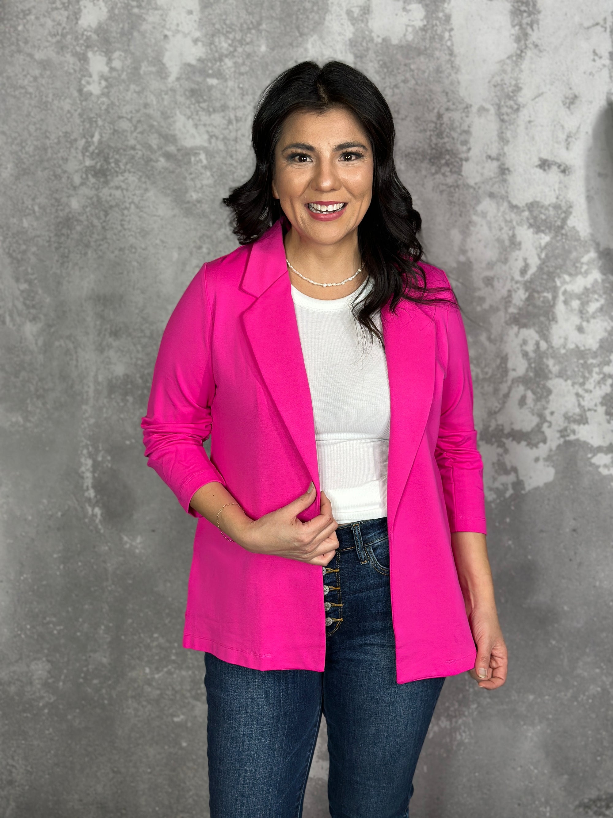 Ruched 3/4 Sleeve Sally Blazer - Hot Pink (Small - 3X)