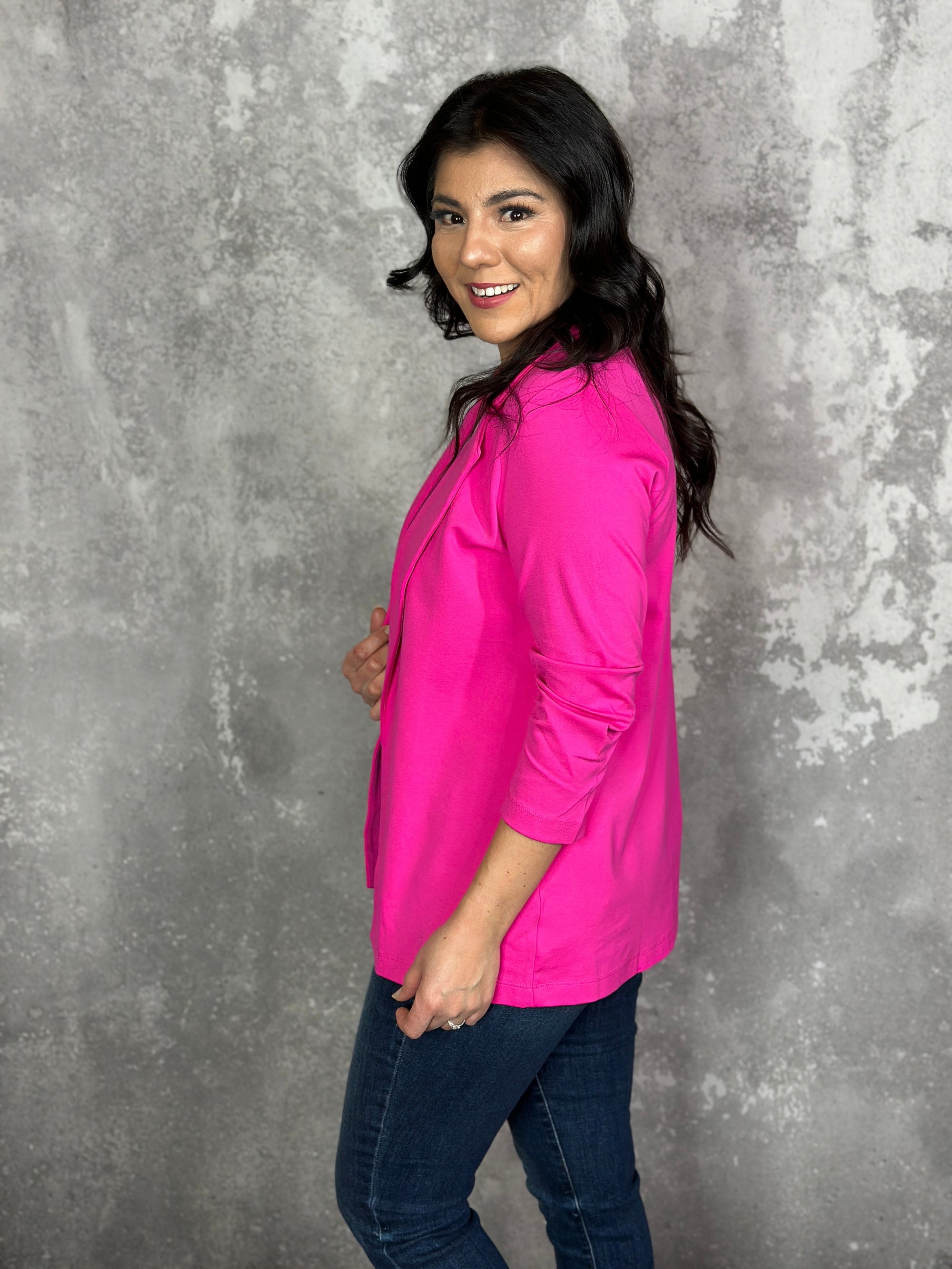 Ruched 3/4 Sleeve Sally Blazer - Hot Pink (Small - 3X)