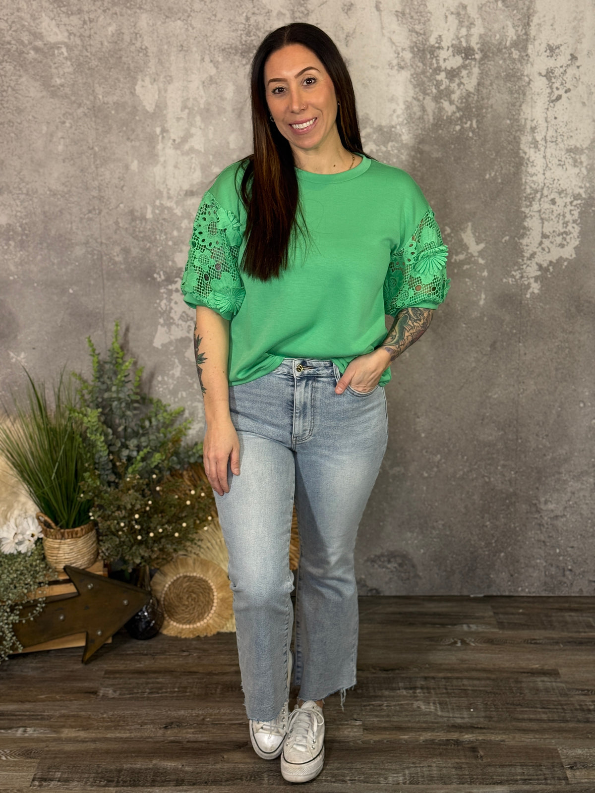 Apple Green Floral Detail Top