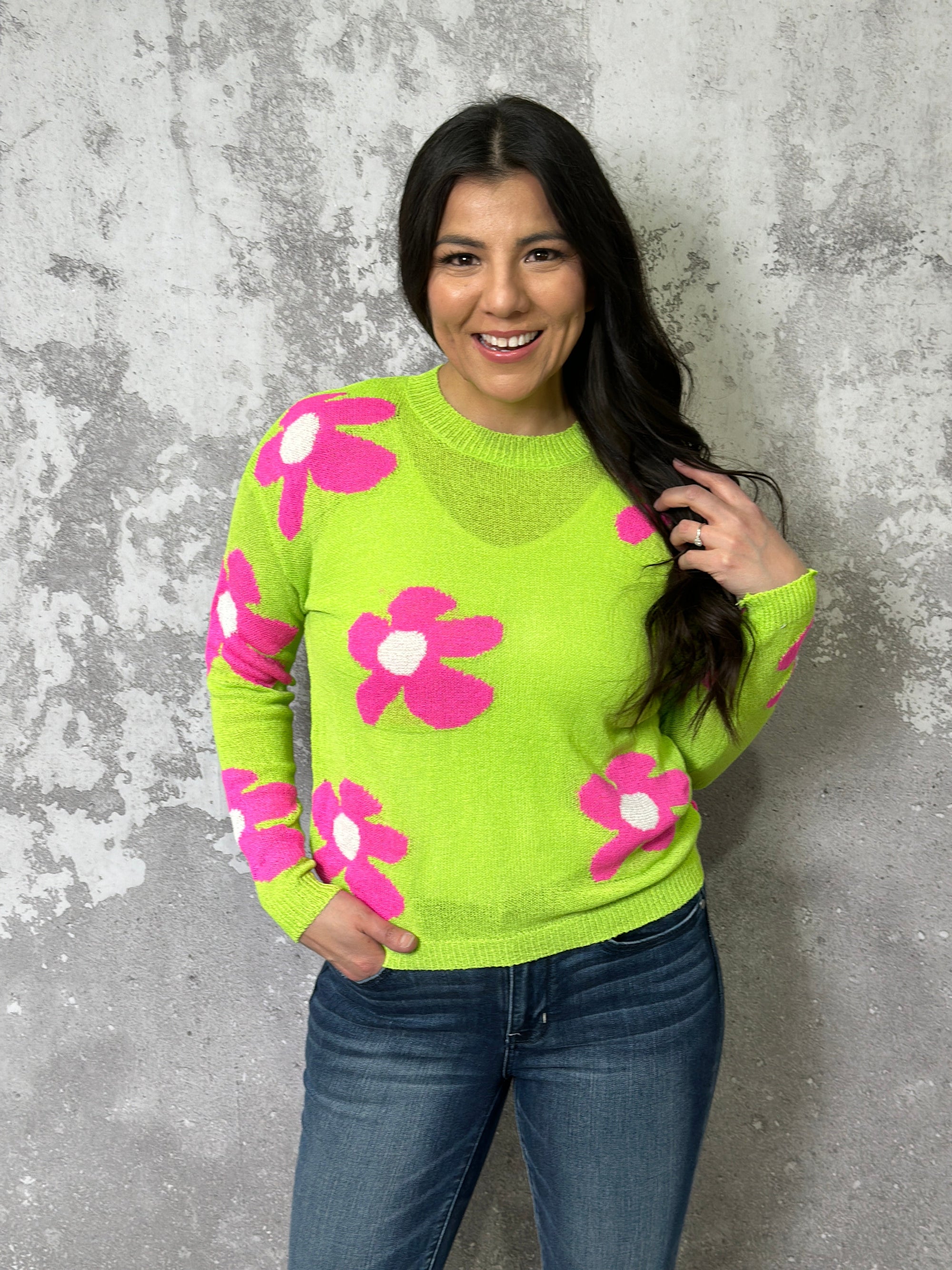 Lightweight Lime Green Flower Power Sweater