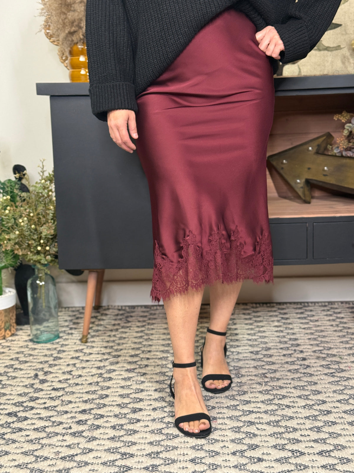 Satin Lace Midi Skirt - Burgundy
