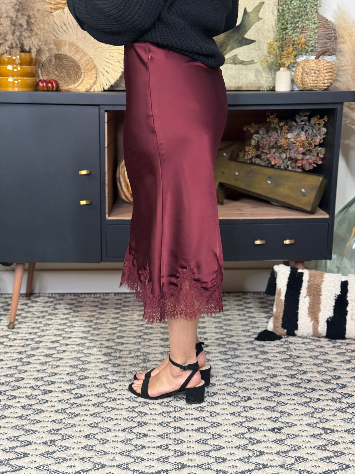 Satin Lace Midi Skirt - Burgundy