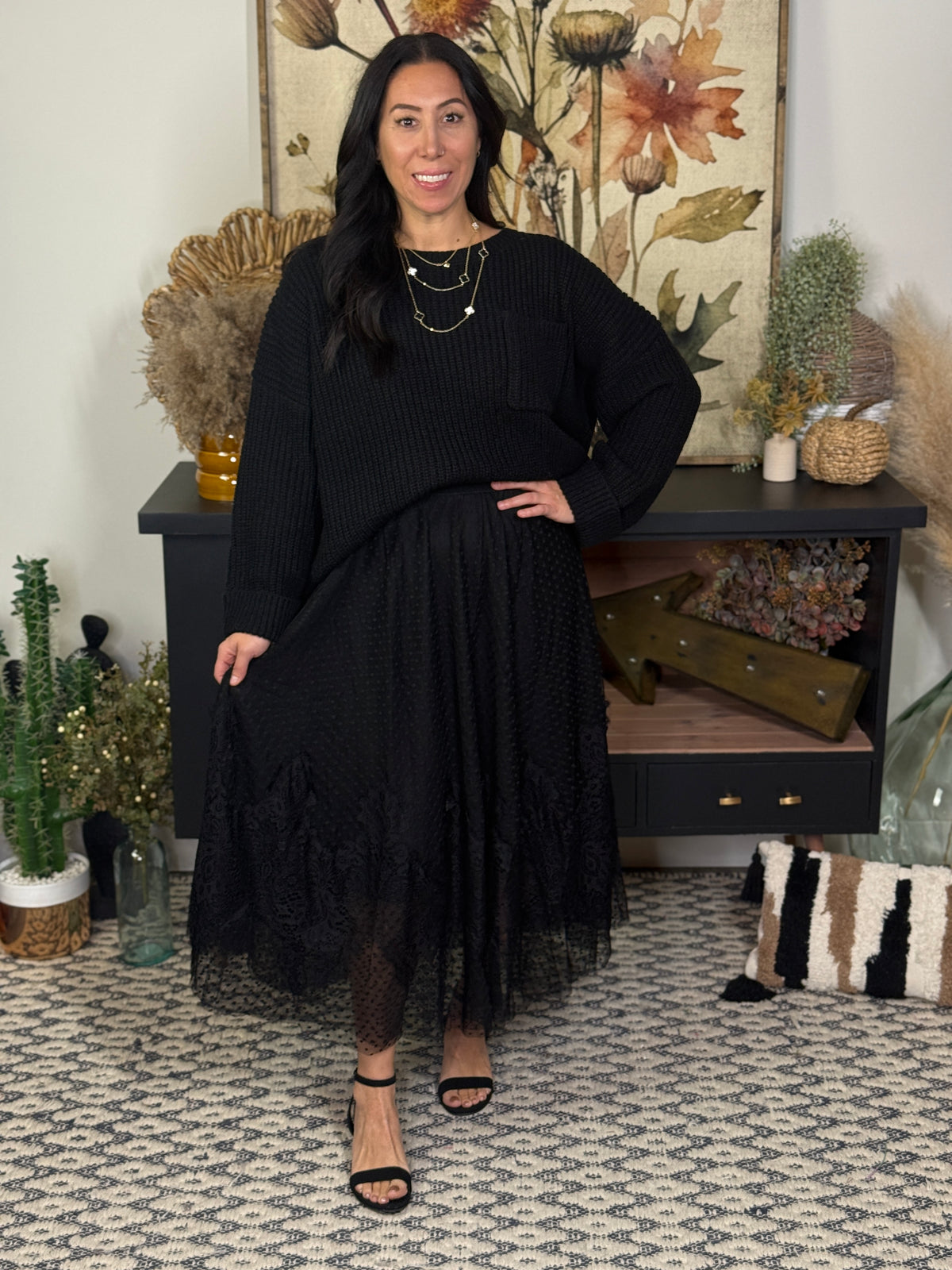 Black Lace Polka Dot Skirt