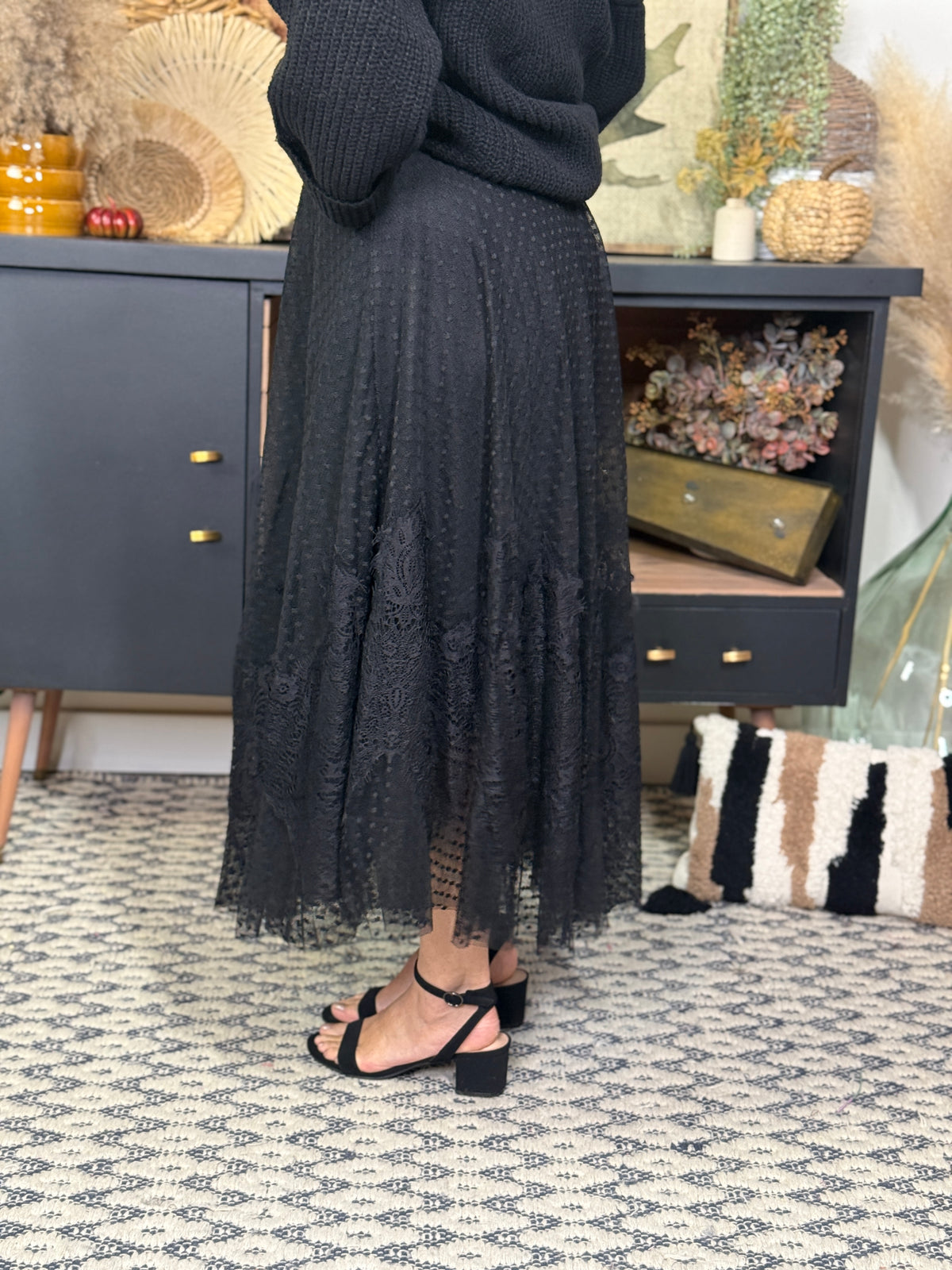 Black Lace Polka Dot Skirt