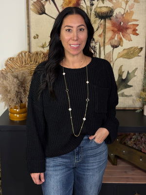 Black Chunky Knit 3/4 Sleeve Sweater